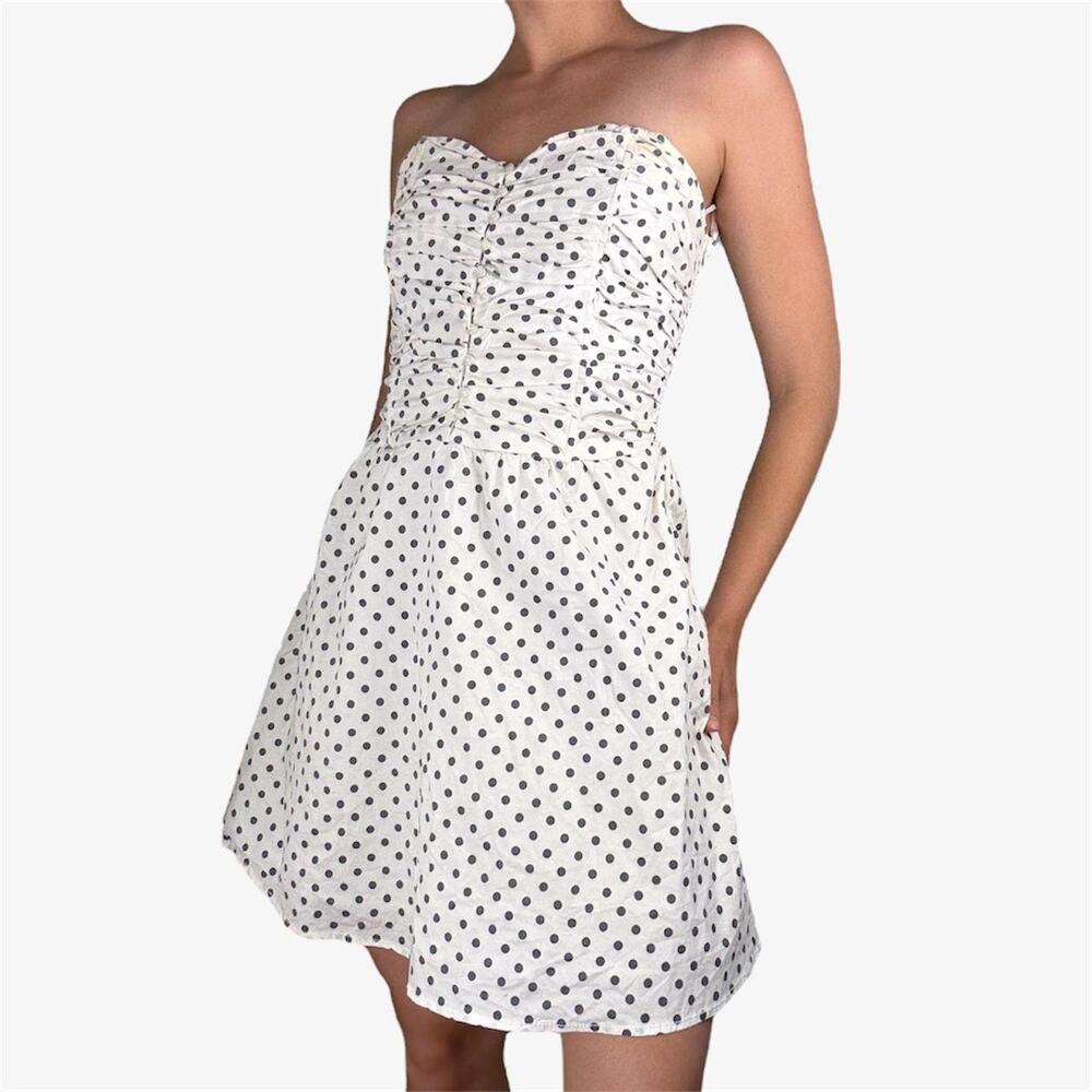 Strapless polka dot dress bustier button up bust white gray - fishbone size S